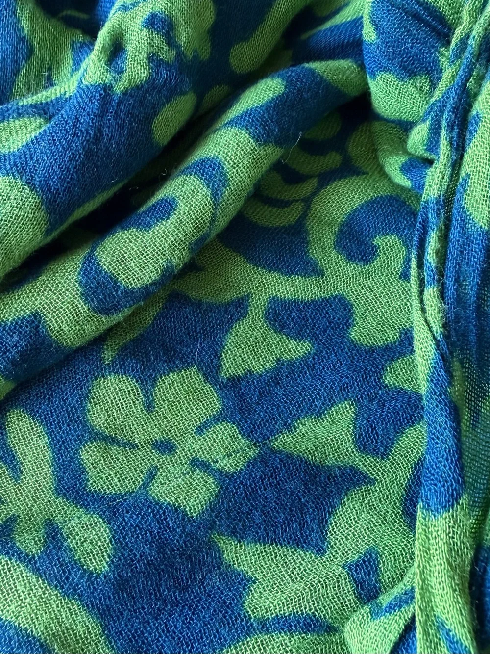 Blue and Lime Green Patterned Fringe Scarf